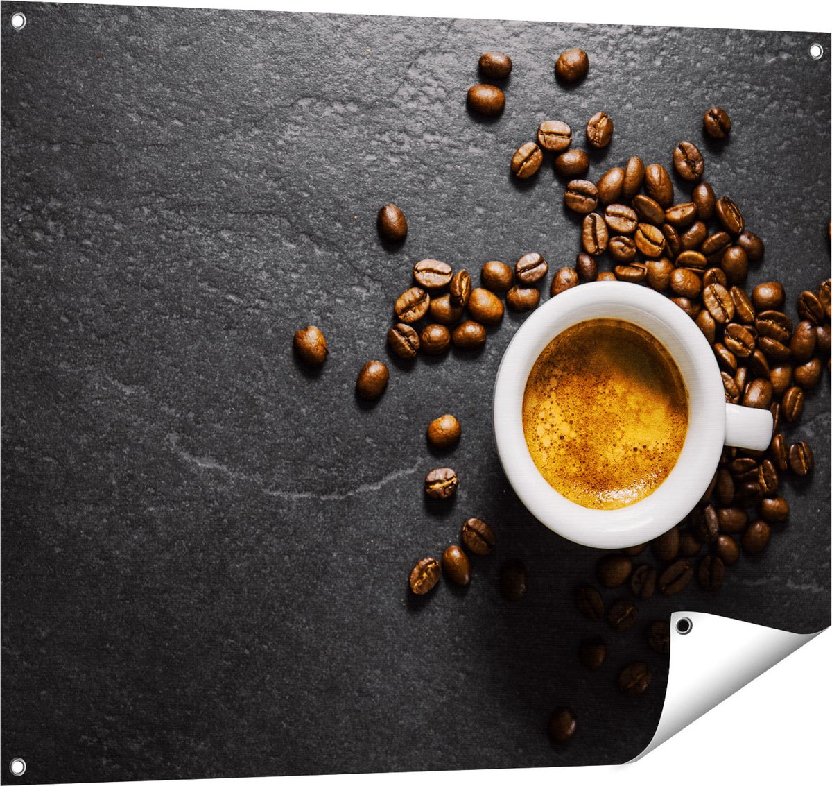 Gards Tuinposter Kopje Koffie met Koffiebonen - 100x80 cm - Tuindoek - Tuindecoratie - Wanddecoratie buiten - Tuinschilderij Multikleur