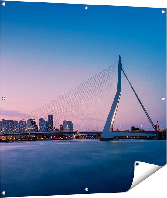 Gards Tuinposter Erasmusbrug in Rotterdam met Zonsondergang - 100x100 cm - Tuindoek - Tuindecoratie - Wanddecoratie buiten - Tuinschilderij