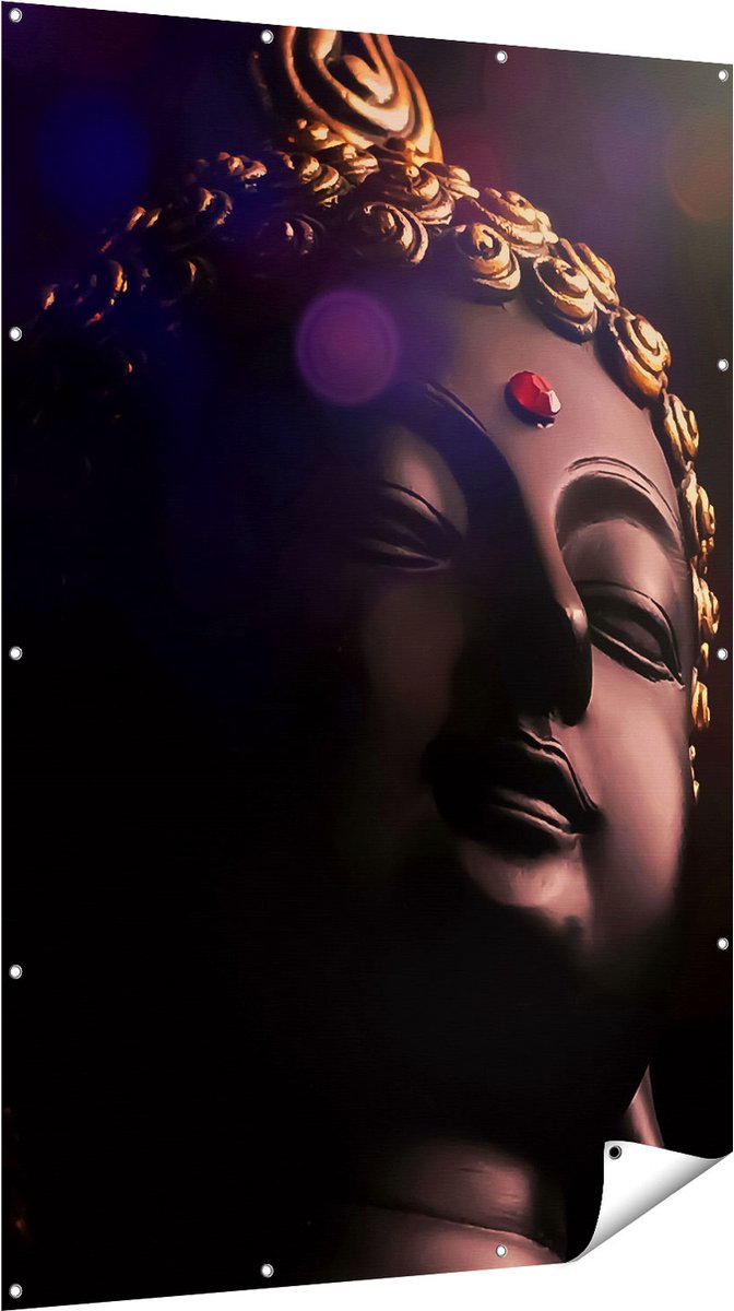 Gards Tuinposter Boeddha Beeld met Gouden Sierraden - 120x180 cm - Tuindoek - Tuindecoratie - Wanddecoratie buiten - Tuinschilderij Multikleur