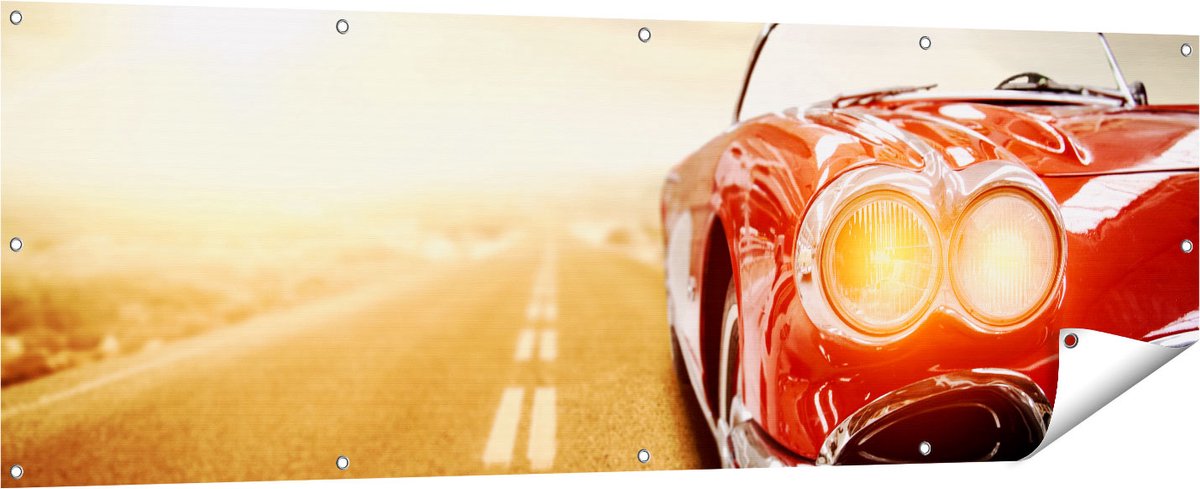 Gards Tuinposter Oude Rode Auto - Retro - 180x60 cm - Tuindoek - Tuindecoratie - Wanddecoratie buiten - Tuinschilderij Multikleur