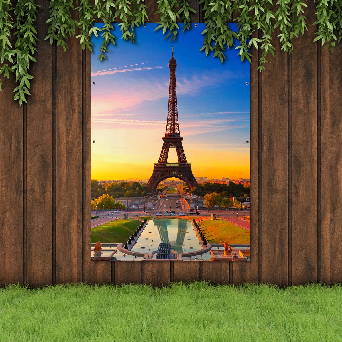 Gars Affiche jardin Tour Eiffel à Paris au coucher du soleil - 120x150 cm -  Toile