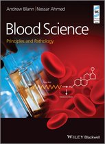 Boekomslag van 'Blood Science' met rode bloedcellen, reageerbuizen en chemische formules. Titel: Blood Science. Principles and Pathology.