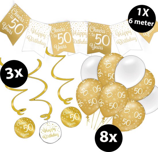 Pack de fête doré et blanc pour 50 ans avec ballons, guirlandes et décorations suspendues.