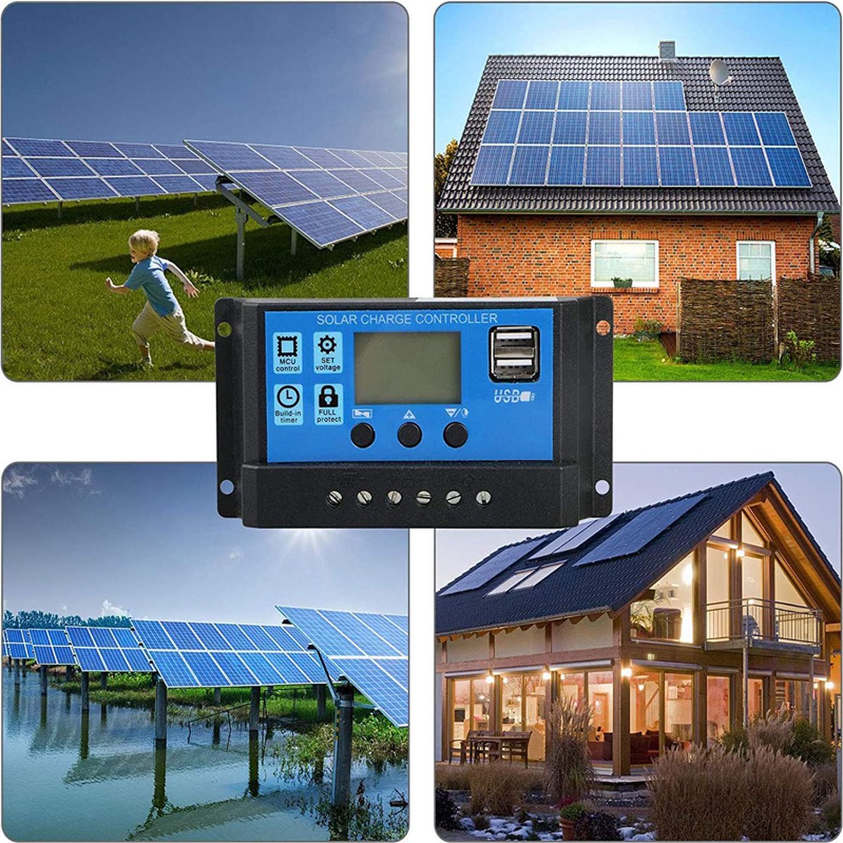 zonnepaneel laadregelaar-Geschikt voor 12 en 24 volt installaties -met 2 USB-uitgangen en LCD-display - Merkloos