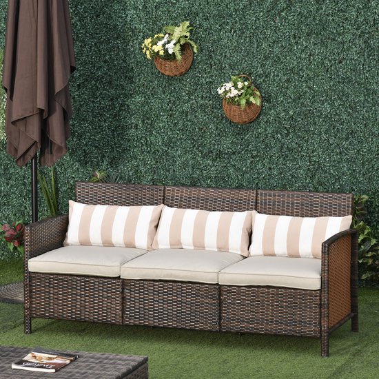 Outsunny rotan loungebank met kussens, driezits, in hoogte verstelbaar
