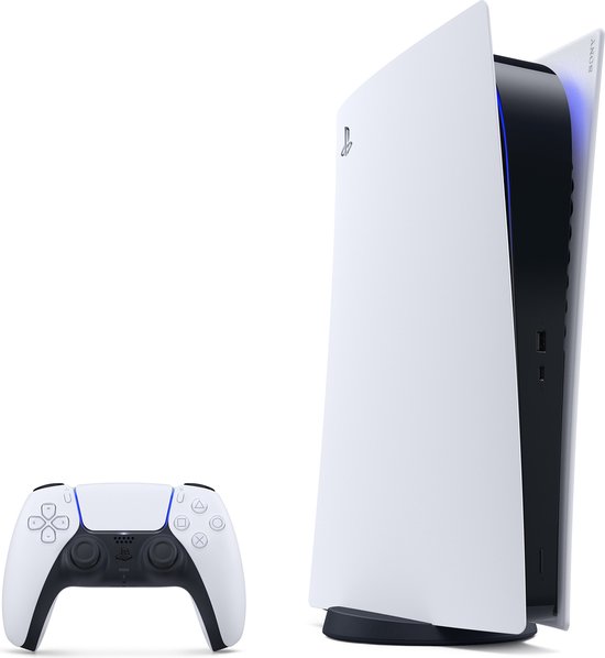 Verticale PlayStation 5 console in wit en zwart naast de bijbehorende DualSense controller.