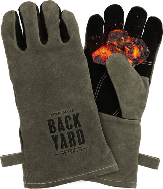 Backyard Series BBQ Handschoenen - Hittebestendig tot 250 ºC - BBQ Accessoires - Vuurvast Leer met Kevlar - Grijs