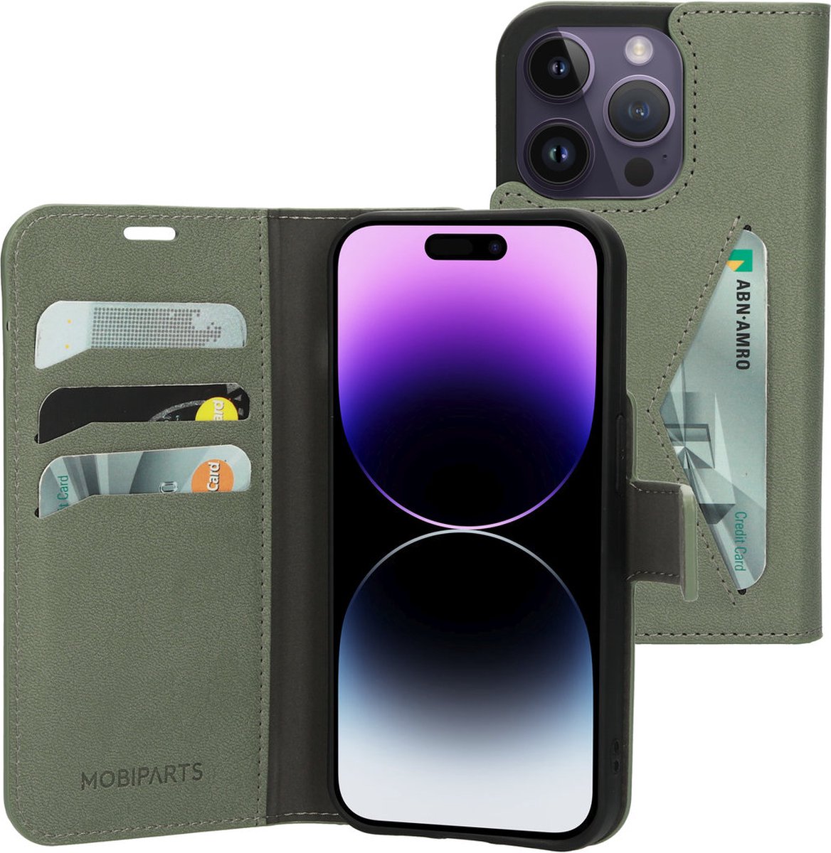 Mobiparts hoesje geschikt voor Apple iPhone 14 Pro - Wallet/Boekhoesje - Eco Leer - Magneet Sluiting - Opberg vakken - Groen