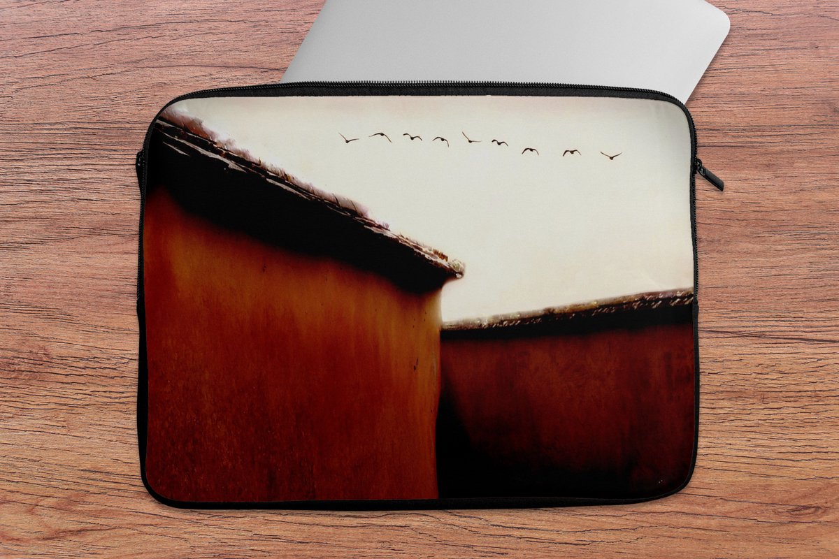 Laptophoes 14 inch - Dieren - Vogels - Huizen - Rood - Laptop sleeve - Binnenmaat 33x23 cm - Zwarte achterkant