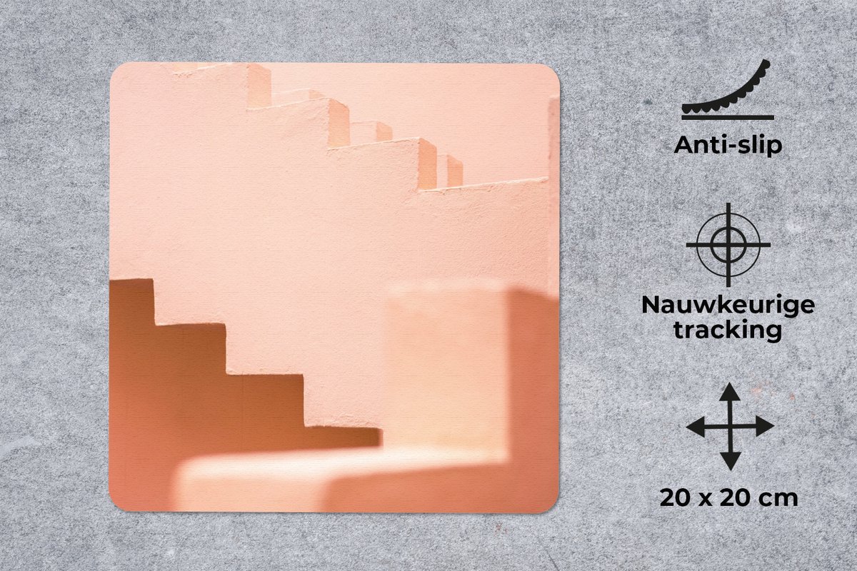 Muismat 20x20 cm - Mousepad Architectuur - Trappen - Pastel - Roze - Muismatten