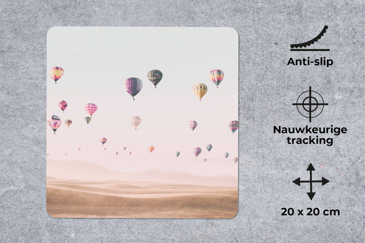 Muismat 20x20 cm - Mousepad Luchtballon - Woestijn - Lucht - Landschap - Natuur - Muismatten