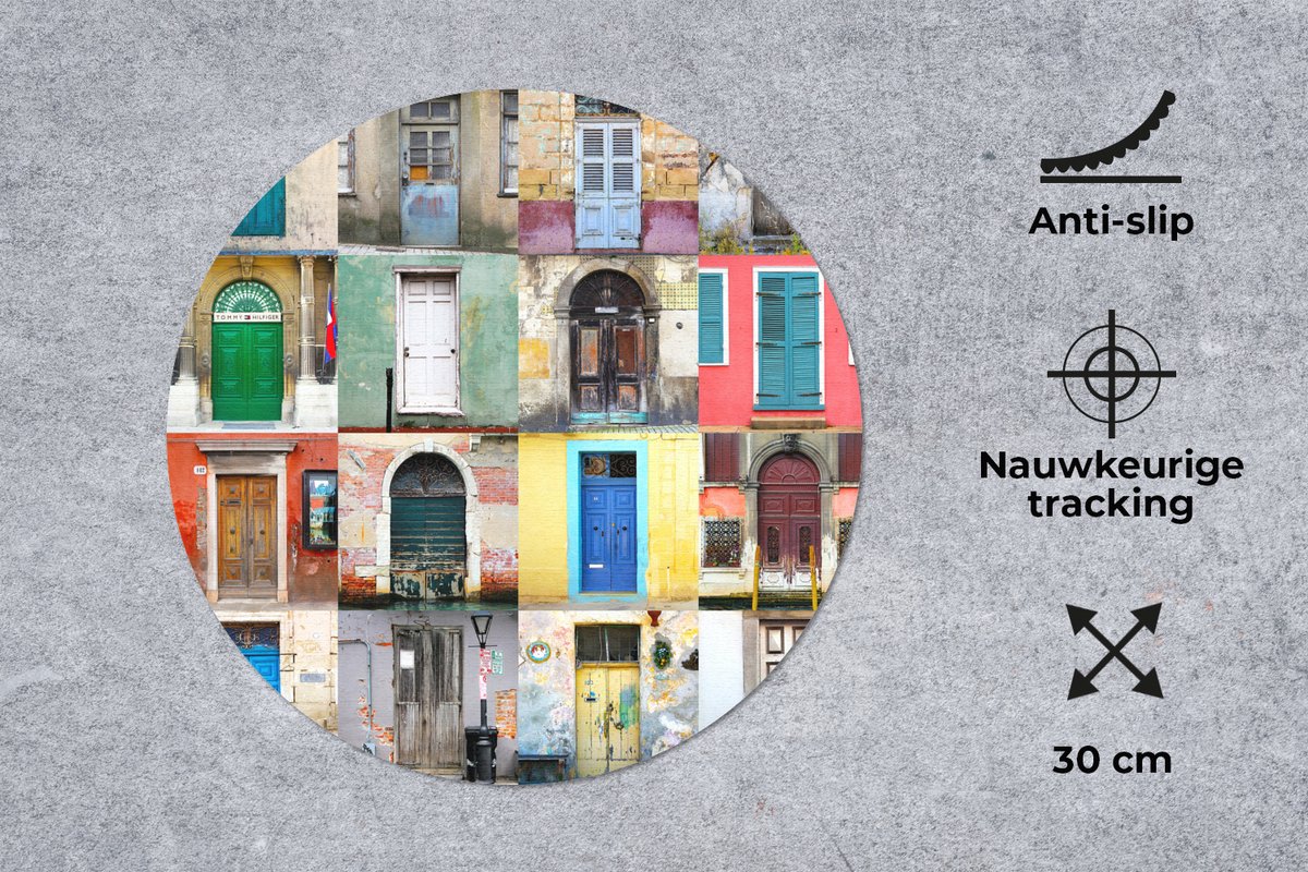 Muismat rond 30x30 cm - Mousepad Deuren - Regenboog - Architectuur - Collage - Ronde muismatten