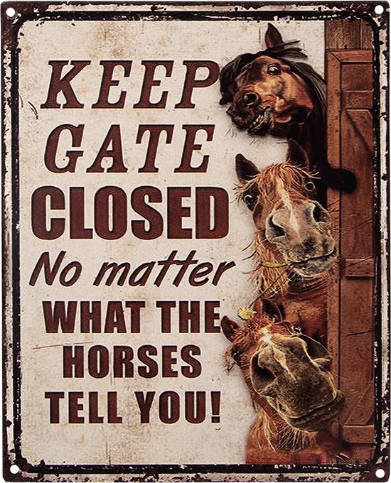 Clayre & Eef Tekstbord 20x25 cm Bruin Beige Ijzer Paarden Keep Gate Closed Wandbord