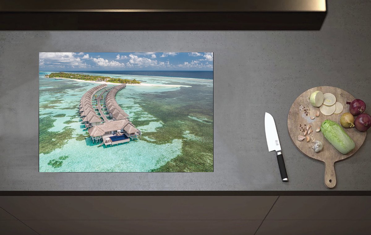 Inductieplaat Beschermer - Bovenaanzicht van Luxe Resorts op de Zee aan de Maledieven - 70x52 cm - 2 mm Dik - Inductie Beschermer van Vinyl