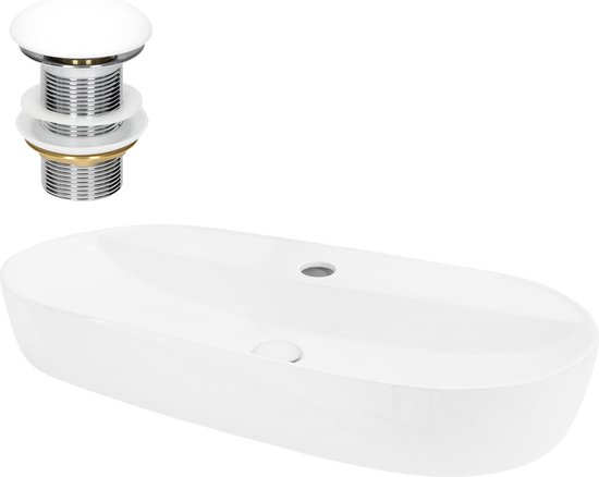 Ovale witte keramieken wastafel met chroomkleurige afvoerset en witte dop.