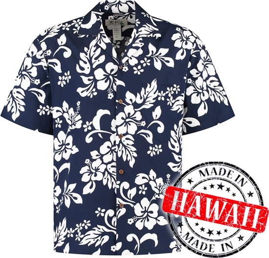 Heren Hawaii shirt, donkerblauw met wit bloemenpatroon, korte mouwen en kokosnootknopen.