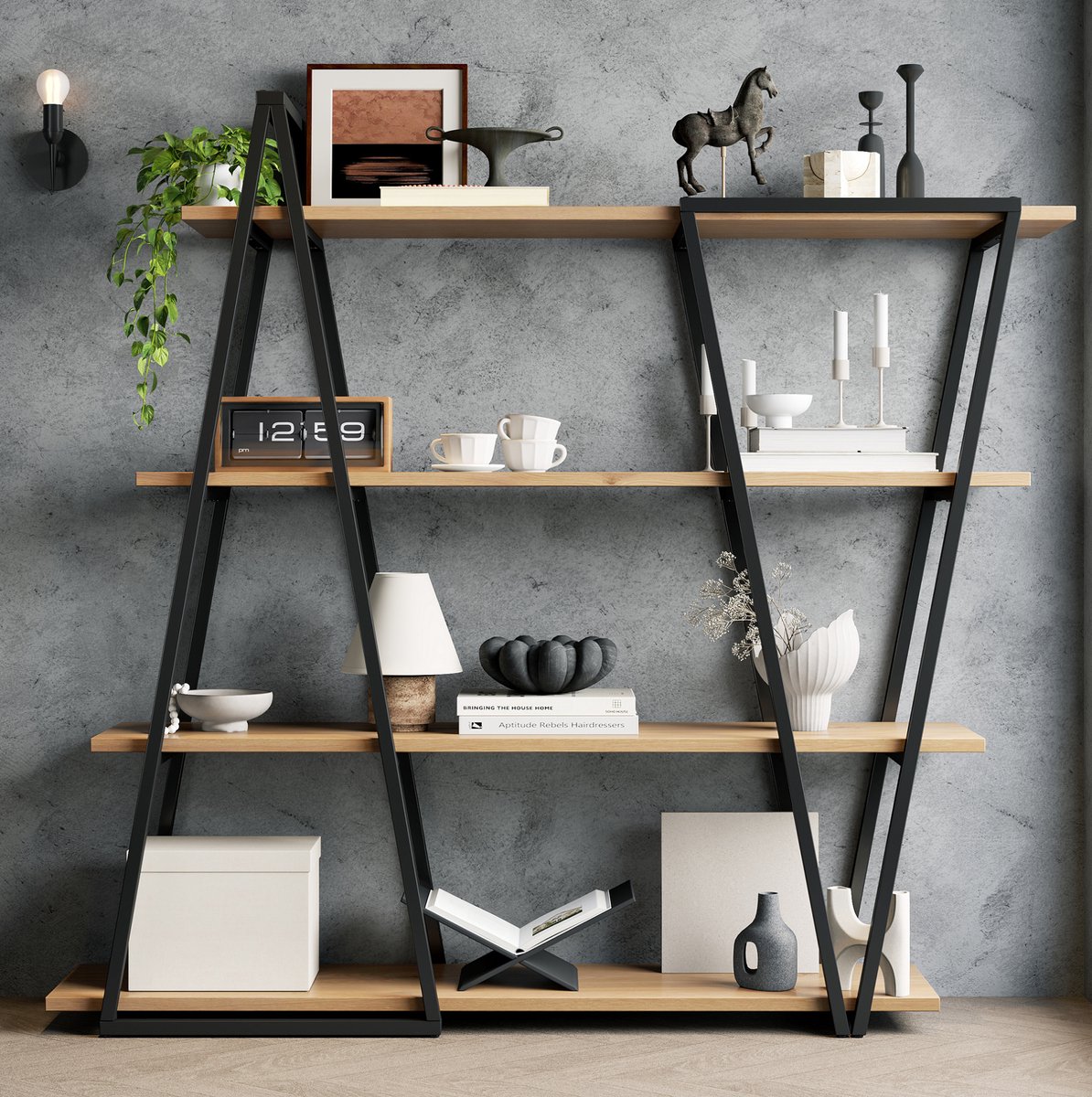 FloraGrace Boekenkast – Geometrisch Design – 158 x 35 x 166 cm – MDF En IJzer – Zwart Bruin – Open Kast Voor Woonkamer Keuken Werkkamer