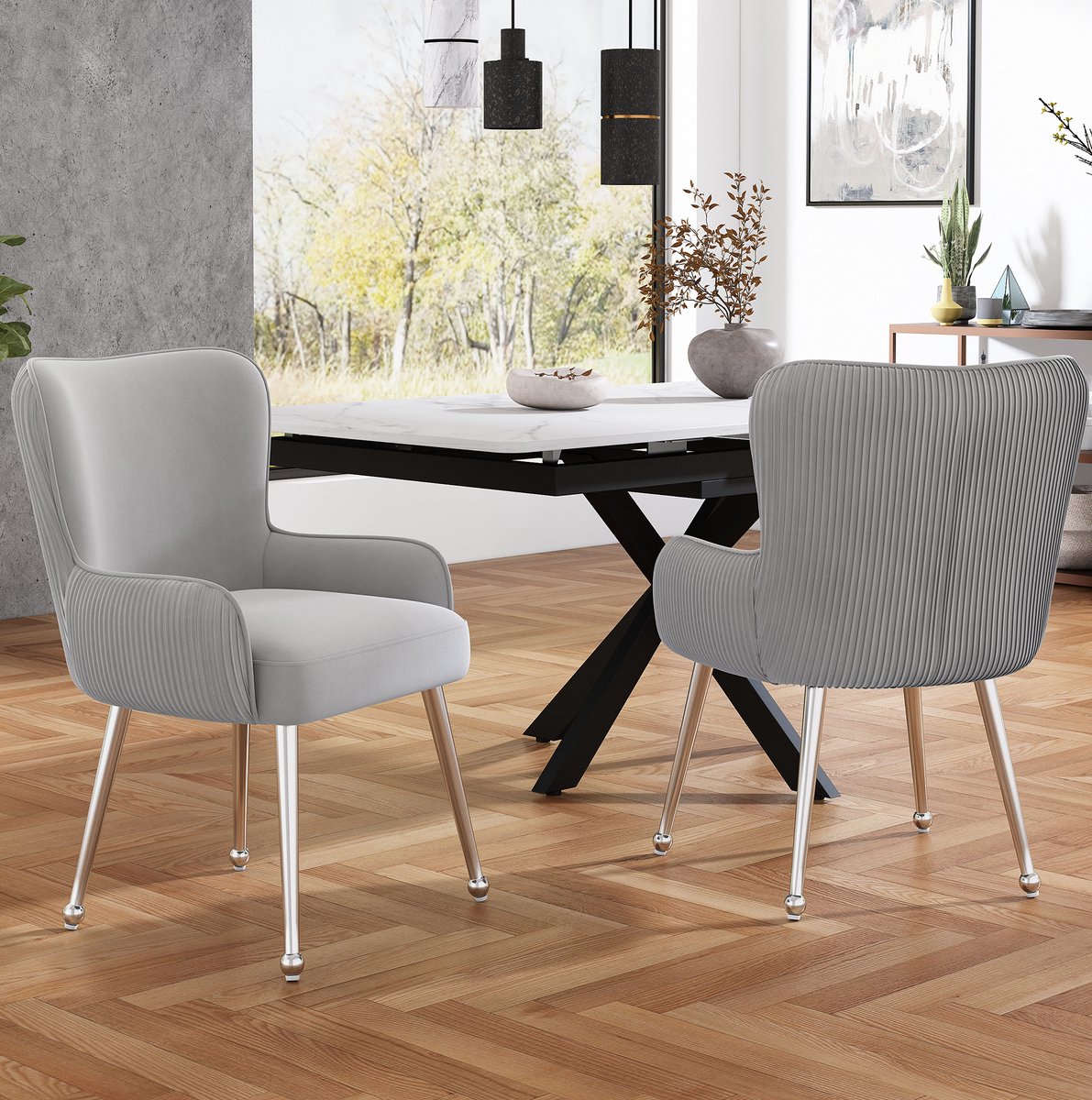 COVREO Eetkamerstoel 57 cm – velours, grijs, metalen onderstel, met armleuningen, set van 2