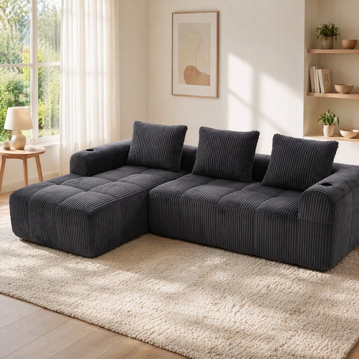 COVREO Hoekbank 253x158x61 cm – donkergrijs corduroy, modulair, met zijvakken en bekerhoud