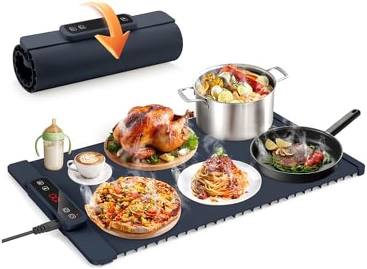 Elektrische Warmhoudplaat - Voedsel Warmer - Eten Warm Houden - Waterdicht Ontwerp - 4 Uur Timer - Donkerblauw