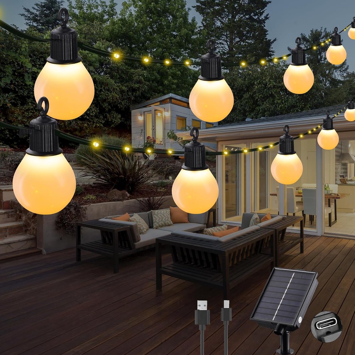 SnelShoppen - Lichtsnoer op Zonne-energie voor Buiten - Warmwit - 20 G40 Gloeilampen - 10m - 100 LEDs - USB-oplaadbaar - 8 Modi - Weerbestendig - Perf