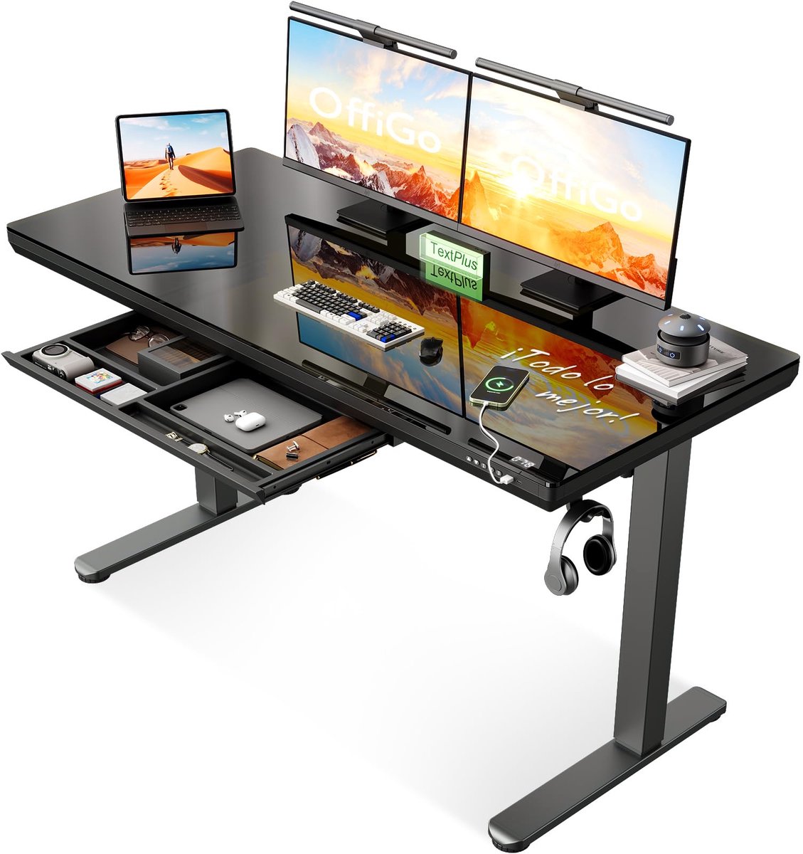 SnelShoppen - Elektrisch hoogte verstelbaar bureau 140x60 cm - Glazen sta-sitz bureau met laden en stopcontact - Ideaal voor thuiskantoor en kantoor -