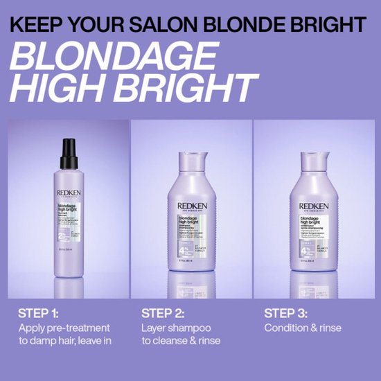 Guide étape par étape du système Blondage High Bright de Redken : pré-traitement, shampooing et après-shampooing. Trois flacons aux étiquettes violettes.