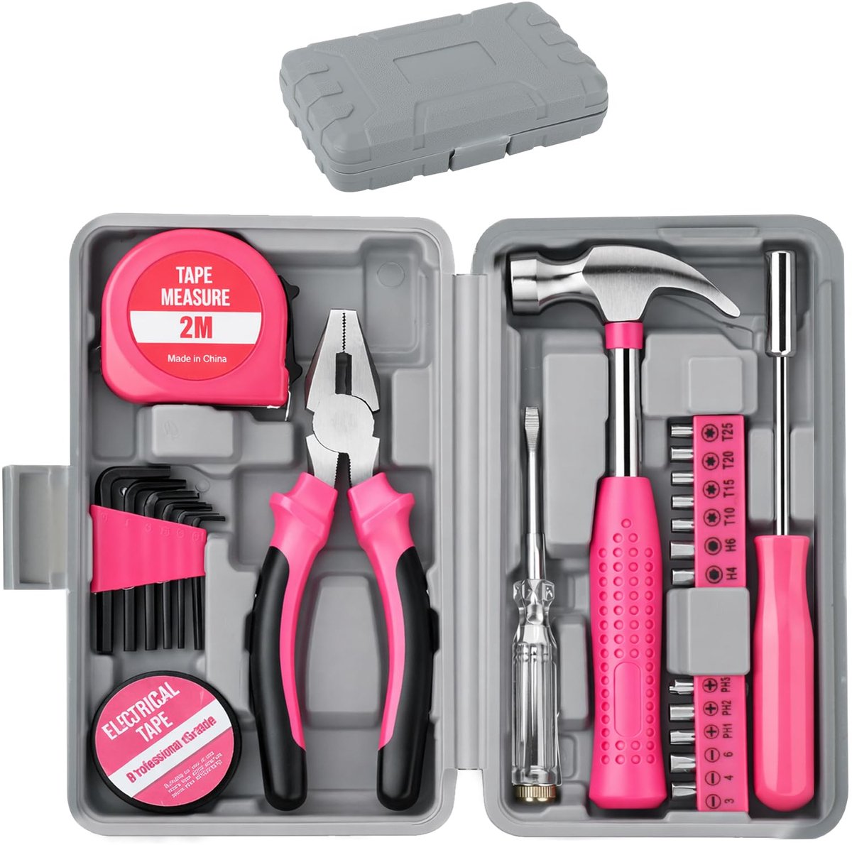 SnelShoppen - Roze Complete Gereedschapskist - Gereedschapskist voor Dames en Heren - Hamer, Tang, Schroevendraaiers, Bits, Meetlint en Meer - Perfect