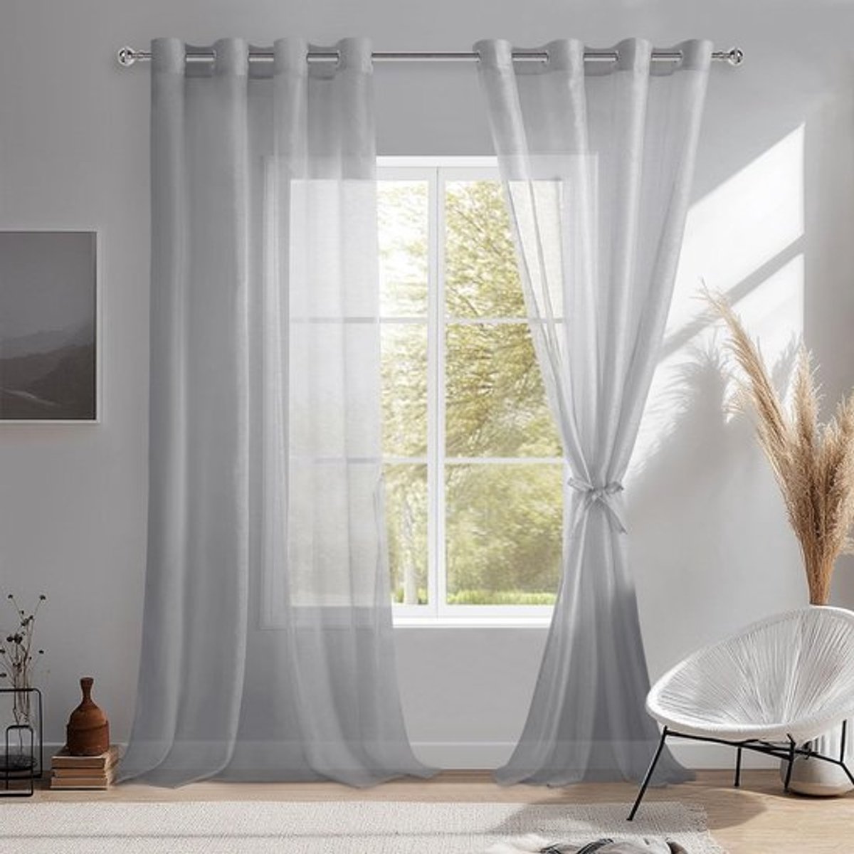 DWCN Set van 2 gordijnen, wit gordijn met inslagringen, transparante gordijnen, wit, voile, gordijnen met ringen, transparante gordijnen met gordijnstropdassen, grijs, 240 x 140 cm (H x B)
