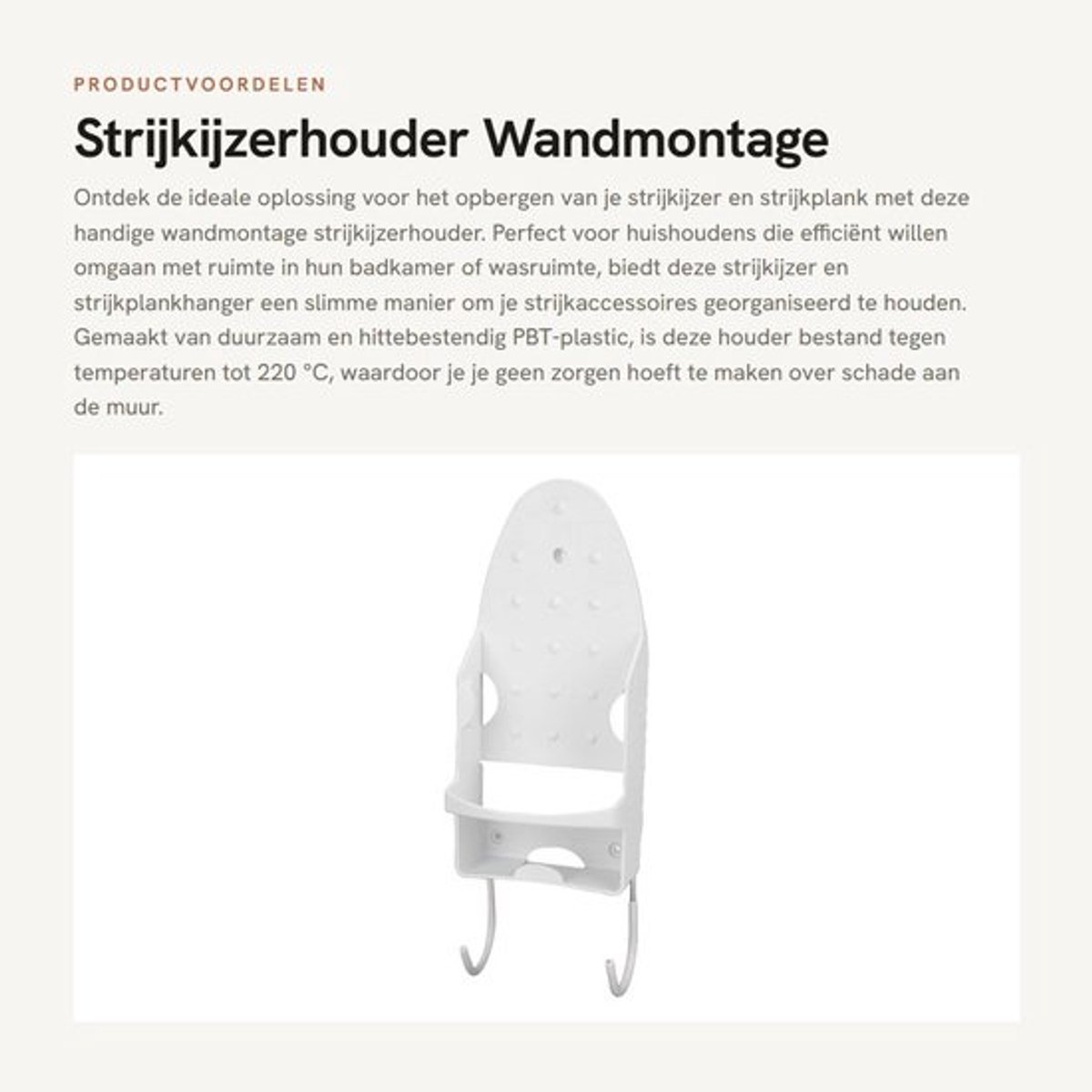 Strijkijzerhouder Hittebestendig - Strijkplank Houder - Wandmontage - Duurzaam PBT-plastic - Organizer met Haak - Voor Badkamer/Wasruimte - Strijkplankhouder