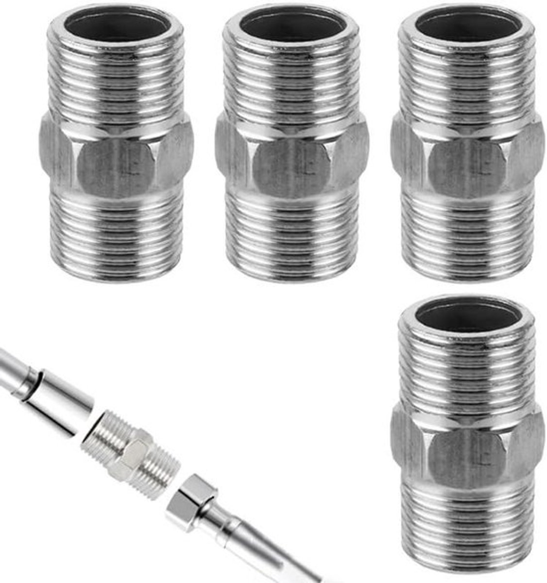 Roestvrijstalen dubbele nippel 1/2 inch, 4 stuks - Doucheslang adapter verbinders - Schroefdraadfitting verlenging
