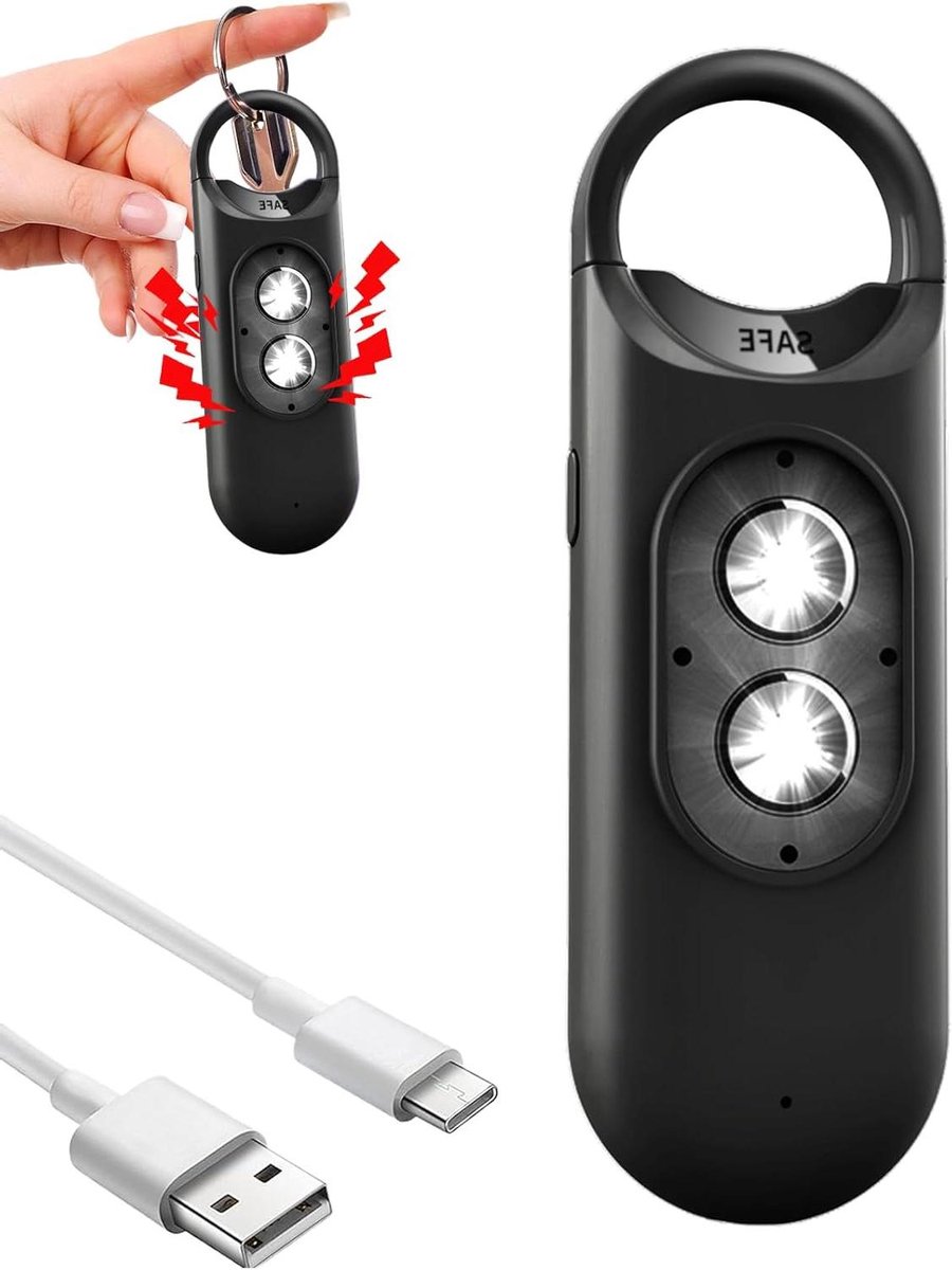 Persoonlijk Alarm - Veiligheidssirene Noodalarm - Zelfverdediging Noodsituaties - Met Strobe Verlichting - 9.9x3.2cm - Zwart