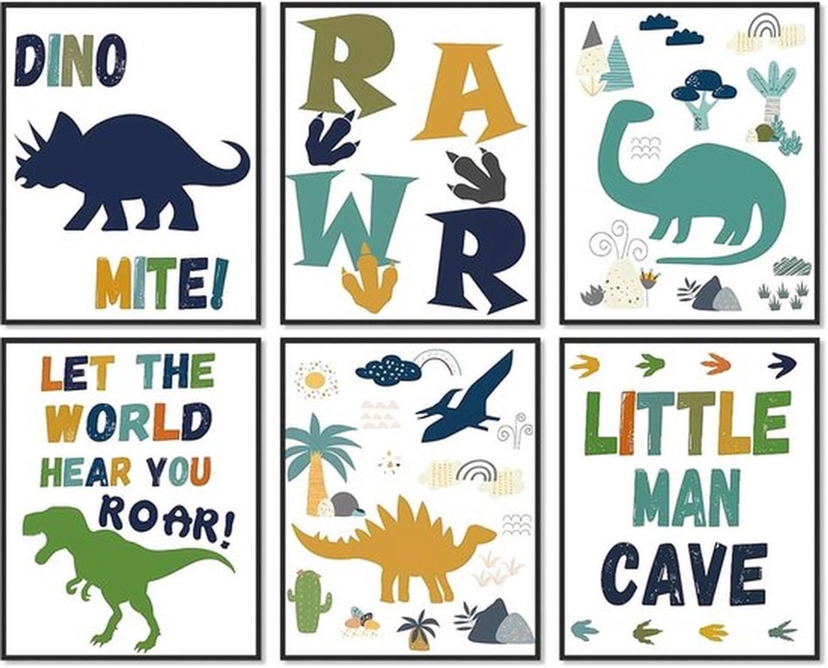 Dinosaurus Posters - Wanddecoratie voor Kinderen - 20x25cm - Schattige Dinosaurus Afbeeldingen - Geschikt voor Peuters en Kinderen