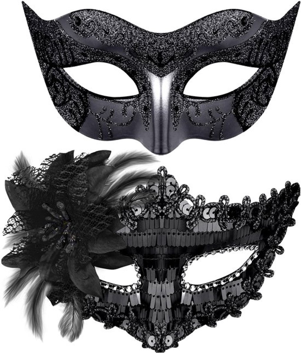 Masker Venetiaans Pailletten - Feestmasker - Halloween Kostuum - Mardi Gras Masker - Voor Koppels - Zwart
