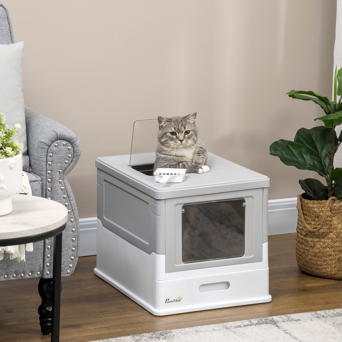MIVRAY Kattenbak Met Deksel En Bodemlade – Gesloten Ontwerp Met Kattenbakschep En Geurbeheersing – 47,5 X 35,5 X 36,7 Cm – Kunststof – Wit