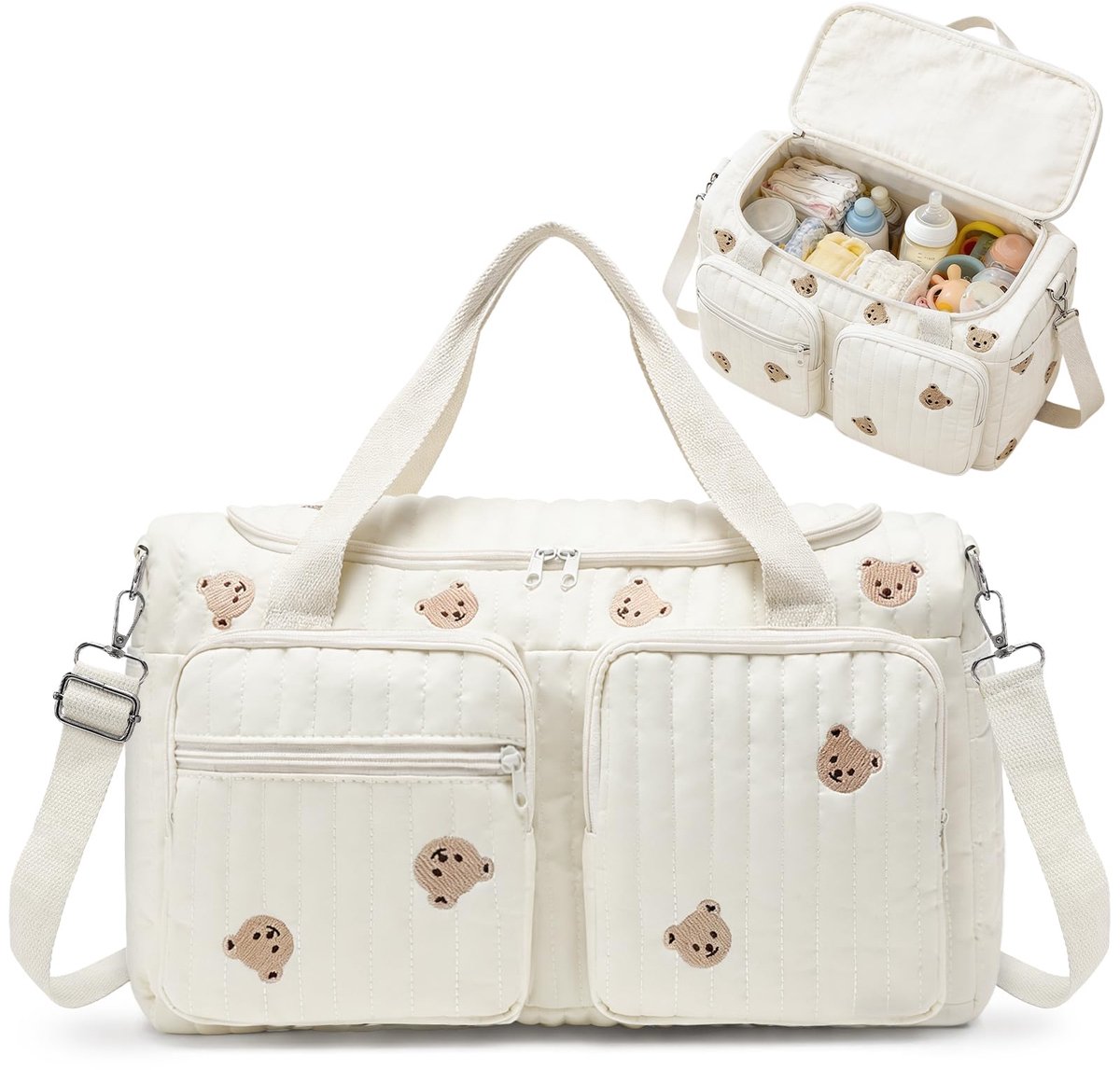 SnelShoppen - Flintronic Luiertas, Grote Mama Tas, Draagbare Baby Tas, Ziekenhuis Reistas, Borduurwerk, Wit, Voor Kinderwagen, Reizen, Geboorte, #2 Ge