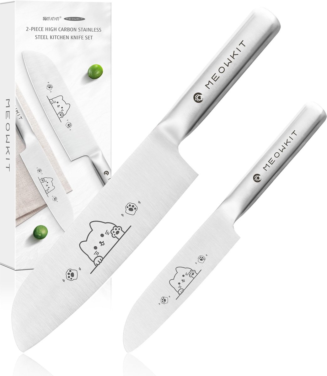 SnelShoppen - Keukenmessen Set van 2, Santoku Mes 17,8 cm & Schilmes 11,4 cm, Hoogwaardig Roestvrijstalen Messen met Schattige Kattenpatronen, Volledi