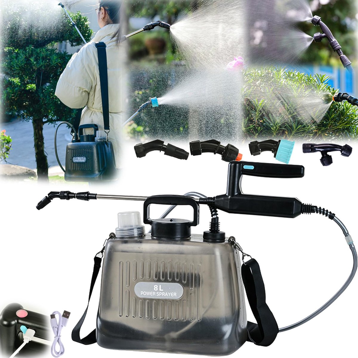 SnelShoppen - Drukspuit 5L Draadloze Tuinspuit met Lans en 4 Verstelbare Sproeikoppen, Rugspuit met 2400 mAh Accu voor Tuin, Camping en Huishouden