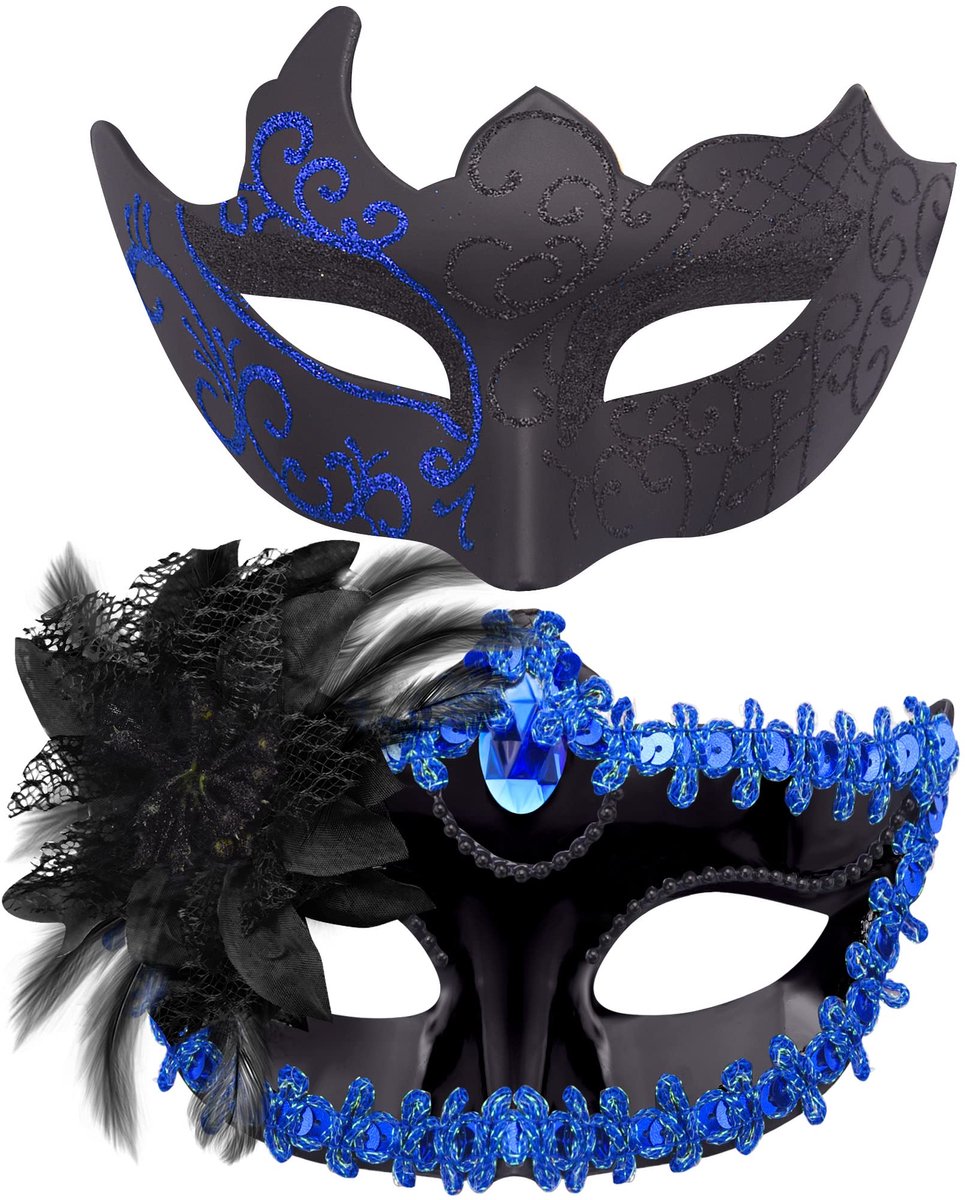 SnelShoppen - SIQUK Maskerade voor Koppels Plastic Venetiaans Feestmasker Halloween Kostuum Masker Strass Carnaval Masker voor Mannen en Vrouwen, Zwar