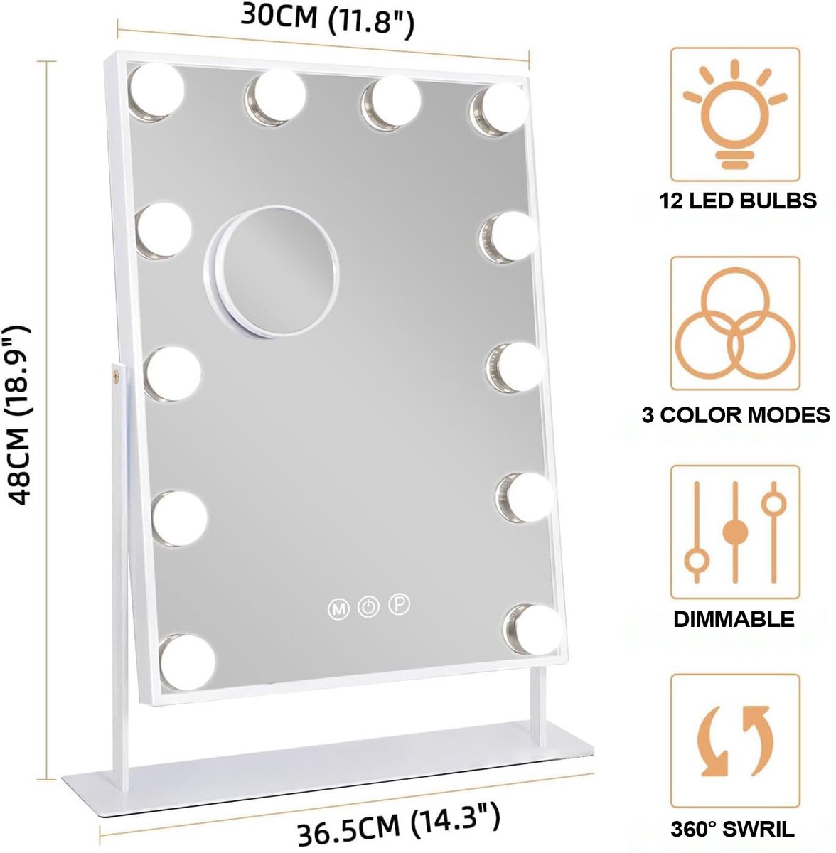 SnelShoppen - Hollywood Make-up Spiegel met Verlichting - 12 Dimbare LED Lampen - 360° Draaibare Make-up Spiegel - 3 Lichtkleuren - 10x Vergroting - T