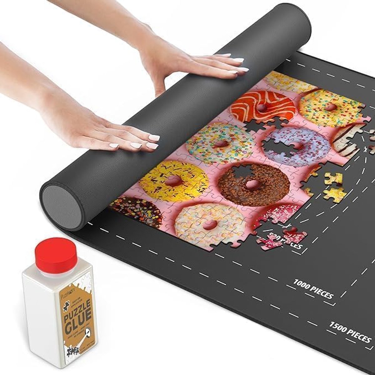 SnelShoppen - Puzelworx Oprolbare Puzzelmat voor 1500 Stukken - Organizer, Beschermer, Schuimrolbuis, Polyester met Opbergtas & Bonus Puzzellijm