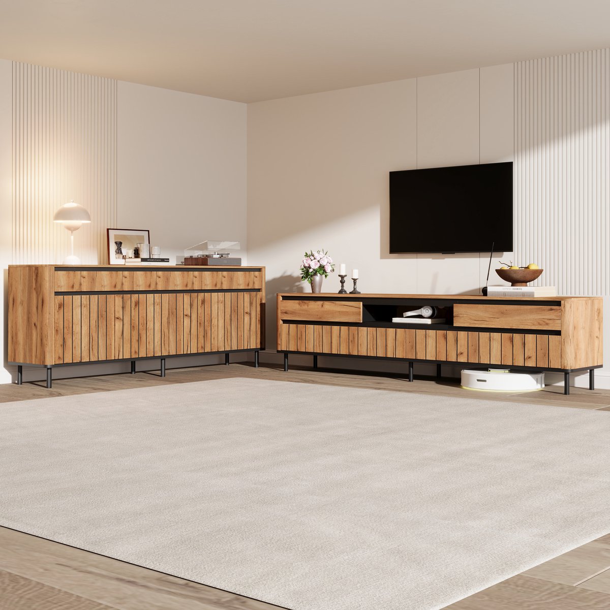 REDOM - Dressoir en tv-meubel set - Open vak met kabeldoorvoer - Verticale lamellenfront - Geruisloze scharnieren - Naturel en Zwart - 180 x 40 x 52 cm en 160 x 40 x 73 cm