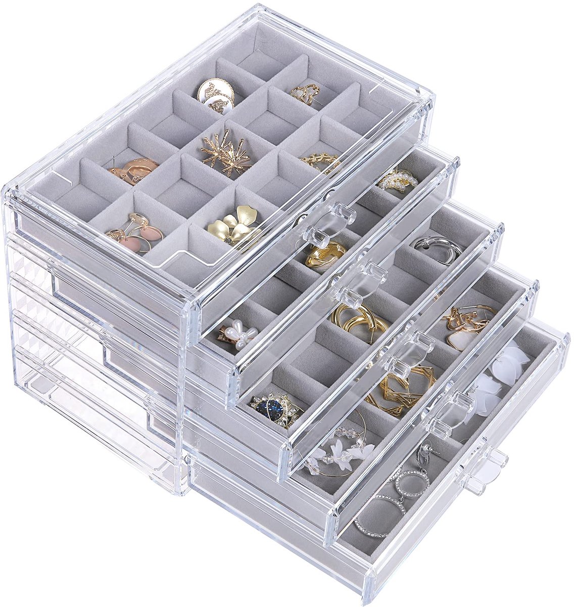 SnelShoppen - Oorbellen Sieraden Doos 5 Lade Transparante Acryl Grijs met Fluwelen Display Stand voor Oorbellen, Ringen, Armbanden en Kettingen - Perf