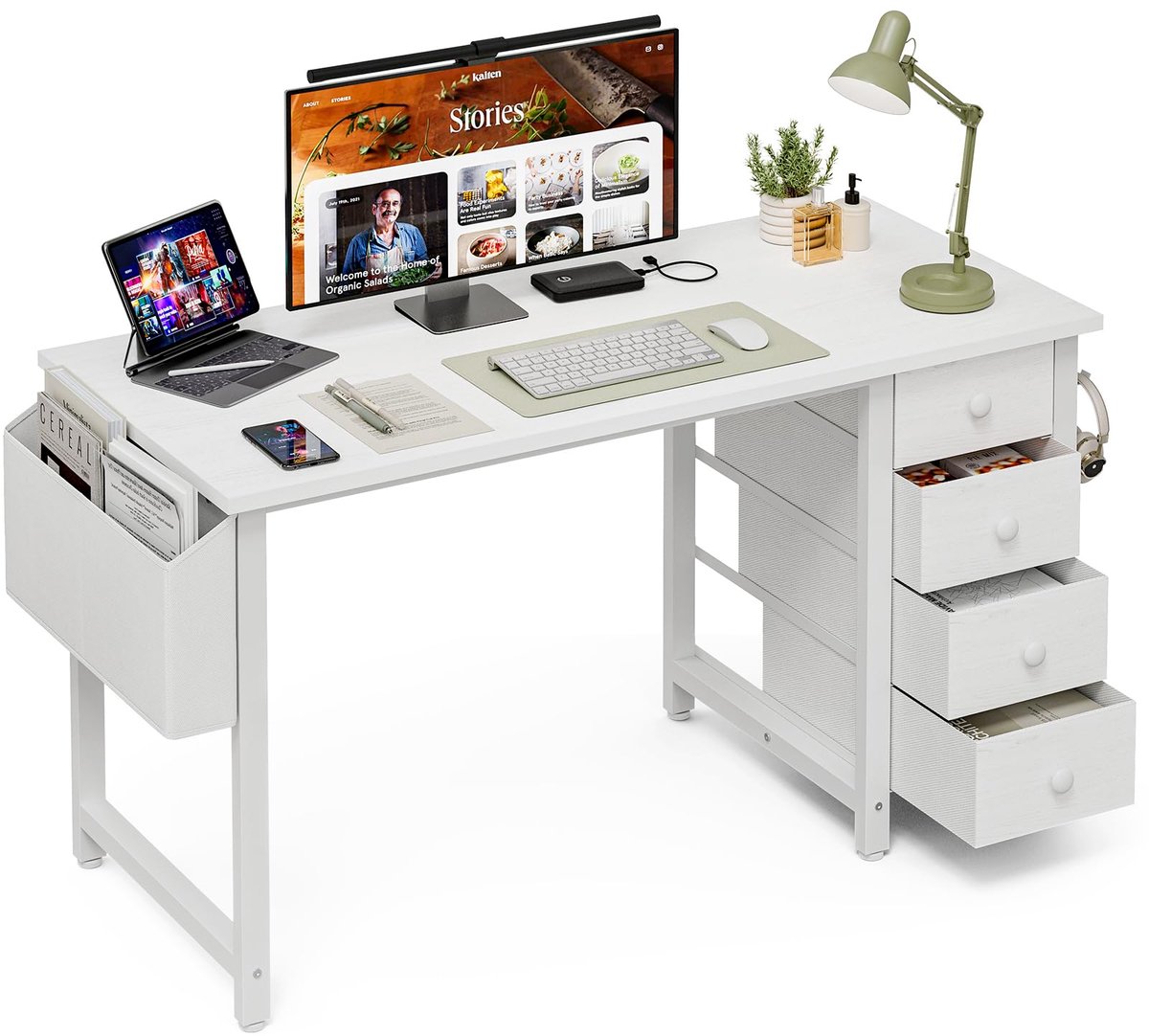 SnelShoppen - Grandder 100 cm Kleine Computertafel met 4 Stoffen Laden, Omkeerbaar Bureau voor Kinderen en Jongeren, Moderne Werktafel voor Slaapkamer