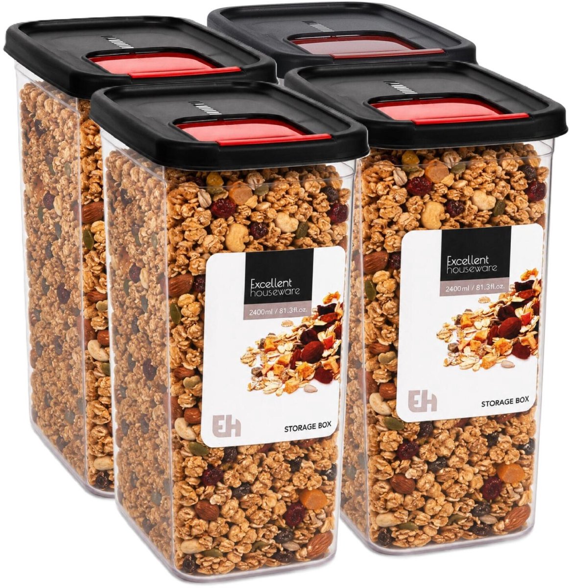 Excellent Houseware Voedselcontainer strooibus - 4x - transparant/zwart - 2400 ml - kunststof - 16 x 11 x 22 cm
