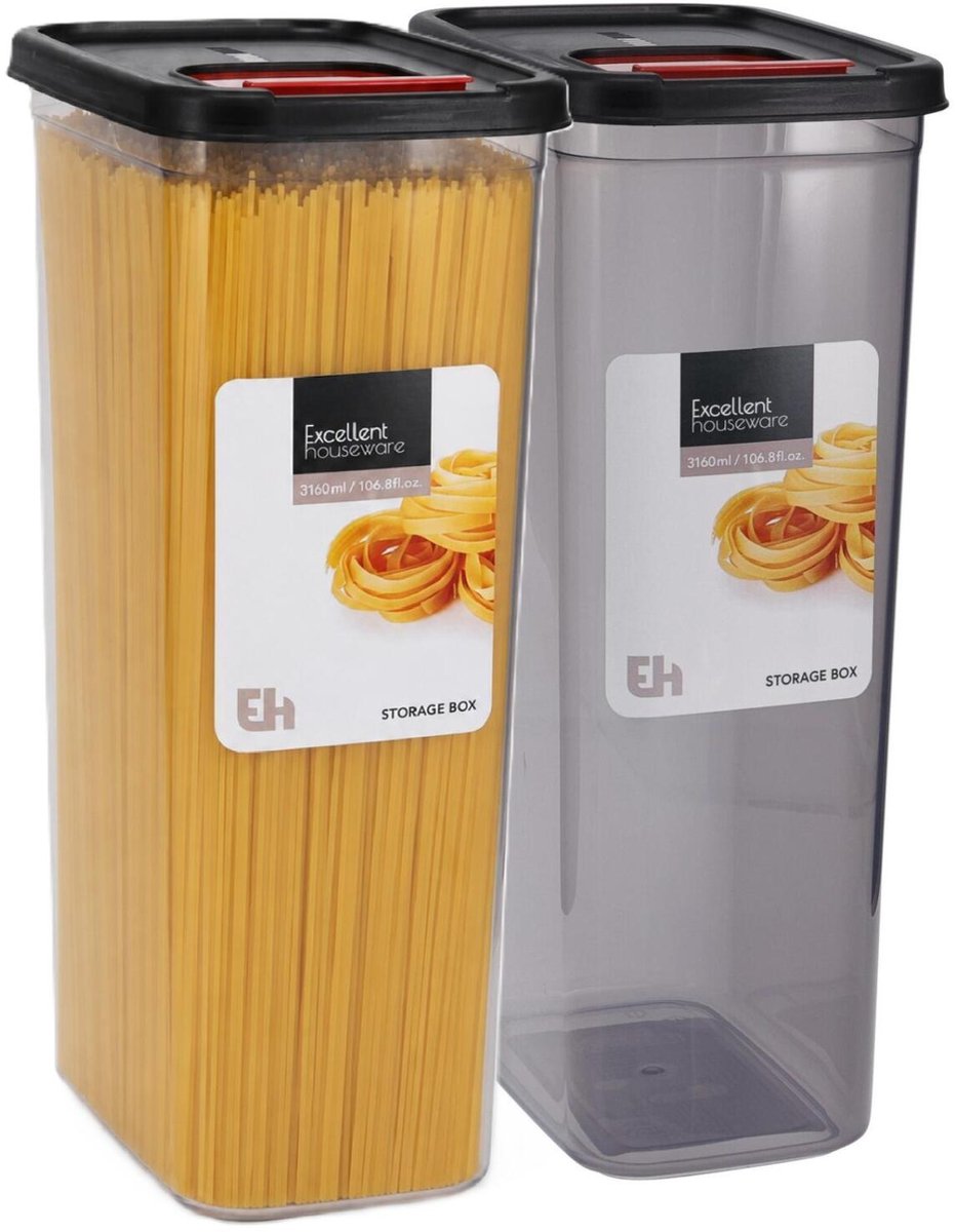 Excellent Houseware Voedselcontainer hoge strooibus - 2x - transparant/zwart - 3100 ml - kunststof - 16 x 11 x 28 cm