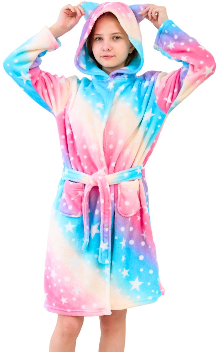 SnelShoppen - Eenhoorn Badjas voor Meisjes - Zachte Fleece Capuchon Badjas - Roze/Blauw - 