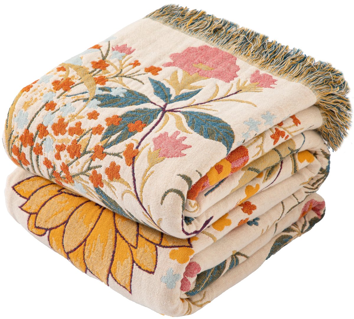 SnelShoppen - Boho-sprei met franjes, 100% katoen, dubbelzijdige mousseline deken 230x250 cm, zachte bankdeken en bedsprei, ademend voor woonkamer en
