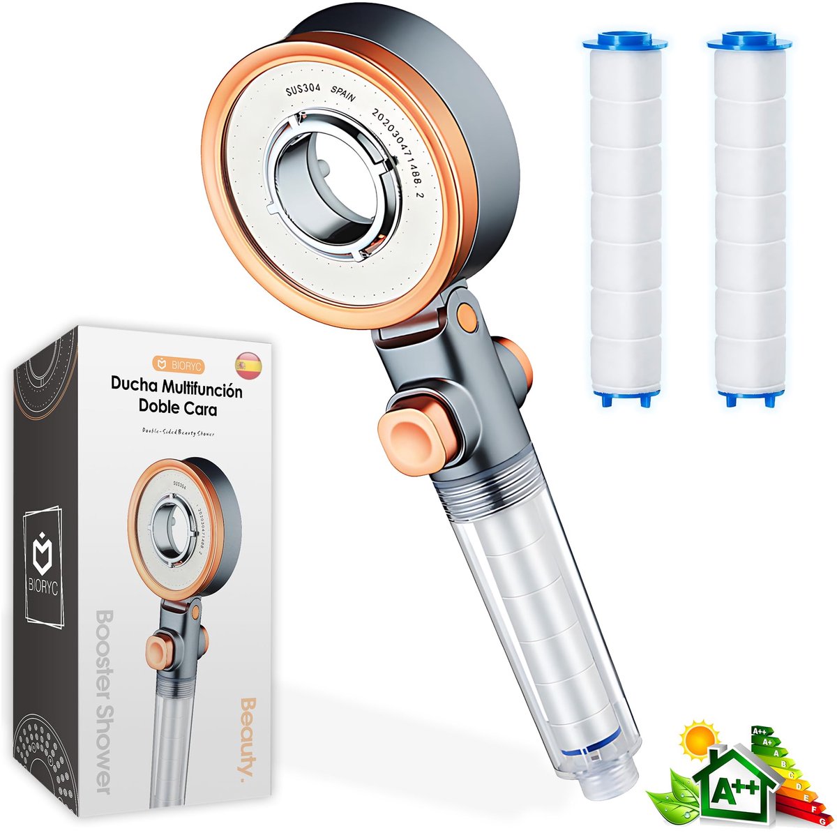 SnelShoppen - Douchekop met Filter, Hoge Druk Douchekop Tegen Kalk en Chloor, Aquapure Douchekop met Stopknop en Regelaar, 2 Filters, Ideaal voor Thui
