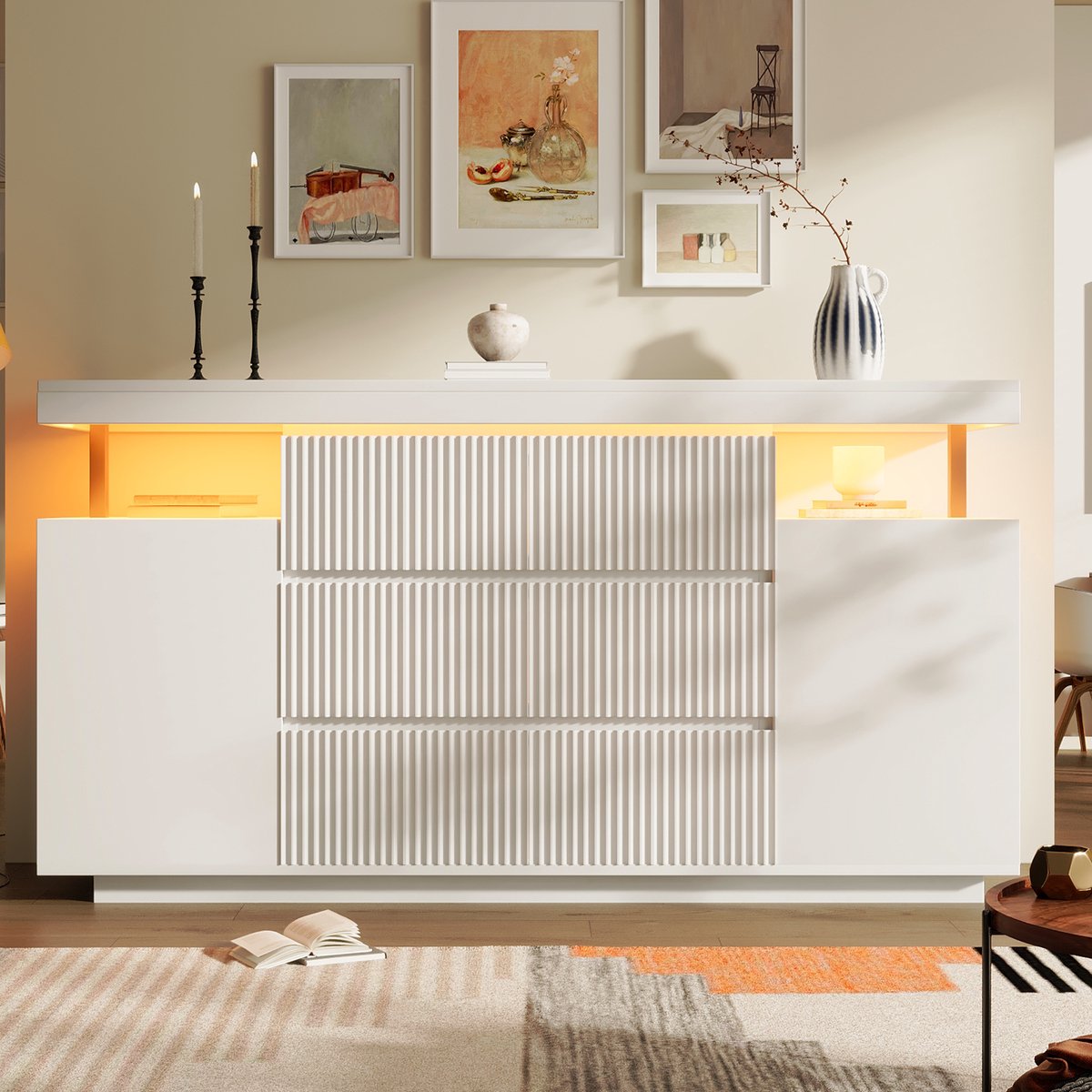 PHOEBE CAT Dressoir - Halmeubel - LED-verlichting - 6 lades - Verstelbare planken - 150 x 40 x 78 cm - Wit